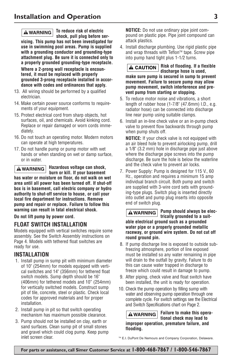 Installation and operation 3, Float switch installation, Installation | Simer Pumps 2943 User Manual | Page 3 / 20