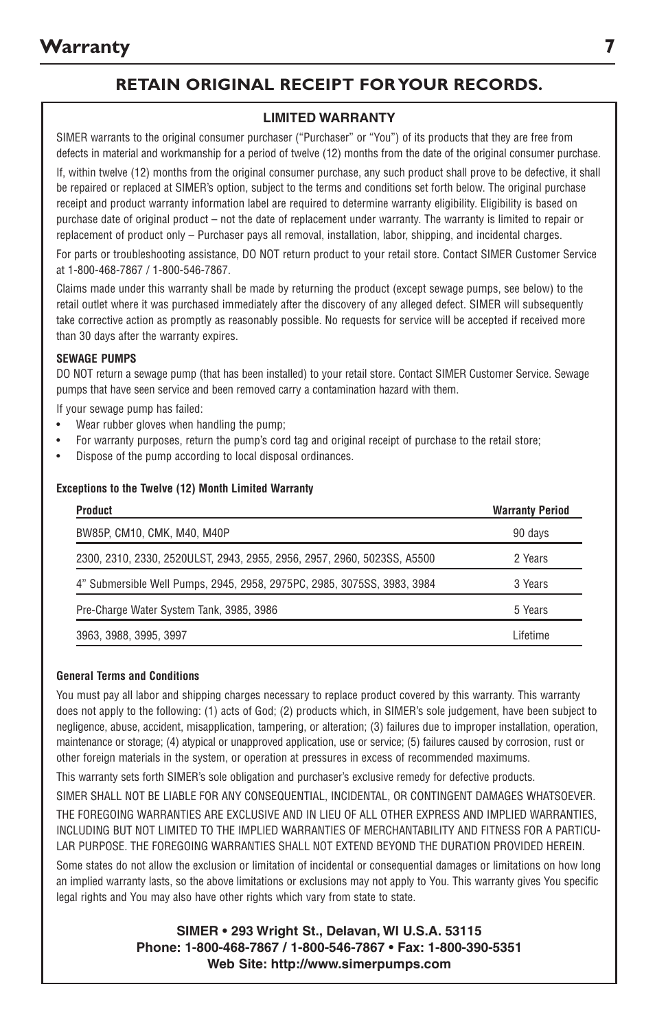 Warranty 7, Retain original receipt for your records | Simer Pumps 2943 User Manual | Page 7 / 20