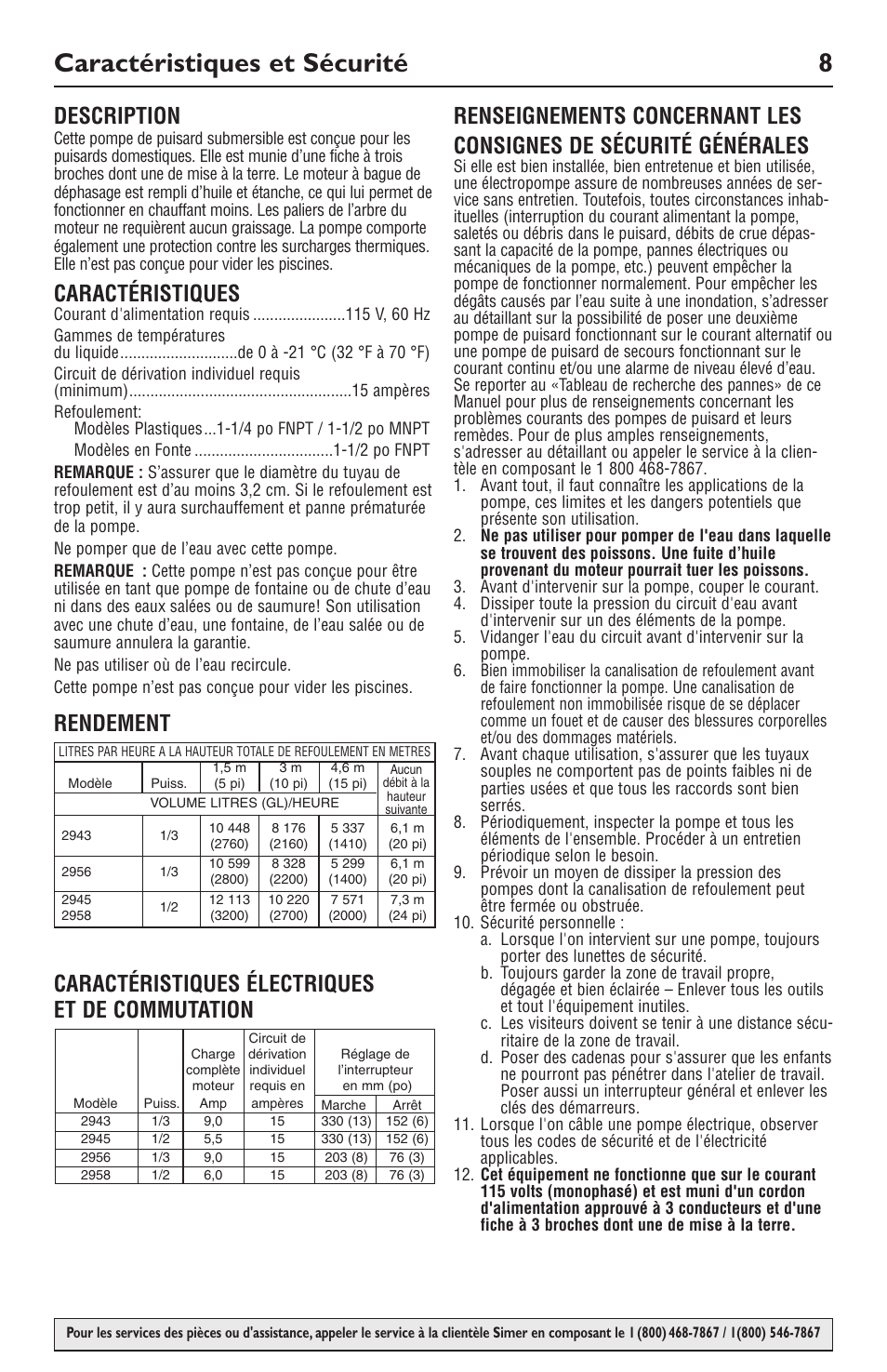 Caractéristiques et sécurité 8, Description, Caractéristiques | Simer Pumps 2943 User Manual | Page 8 / 20