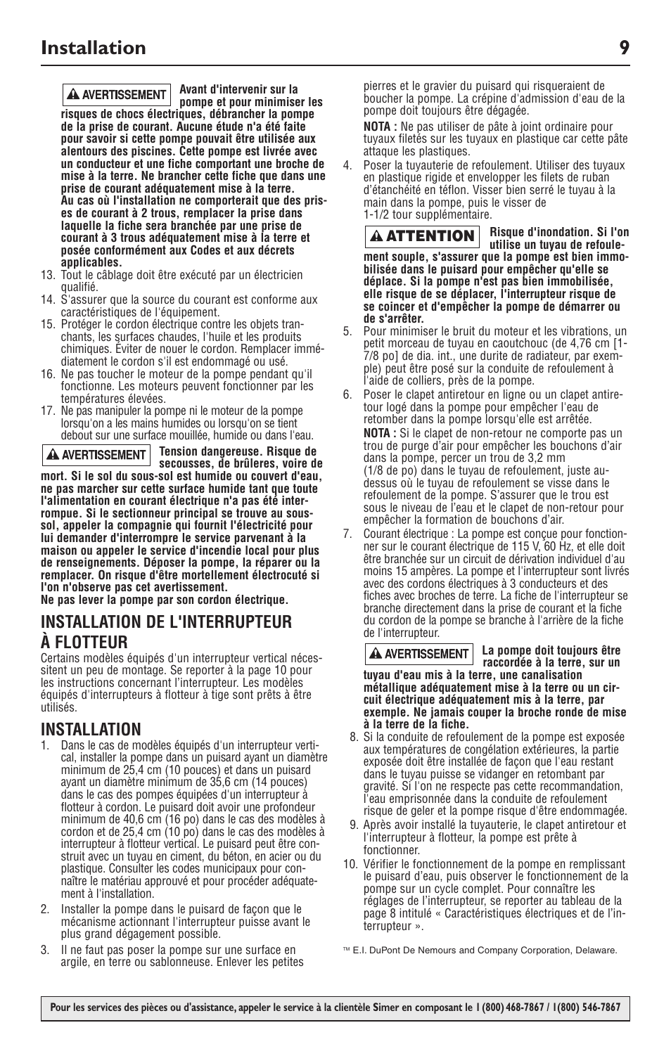 Installation 9, Installation de l'interrupteur à flotteur, Installation | Simer Pumps 2943 User Manual | Page 9 / 20