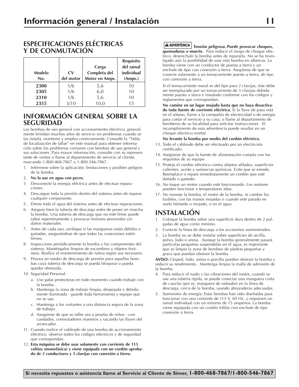 Información general / instalación 11, Instalación | Simer Pumps 2355 User Manual | Page 11 / 15