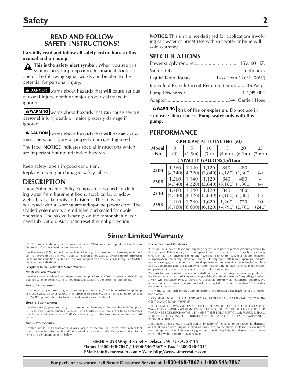 Safety 2, Read and follow safety instructions, Description | Specifications, Performance, Simer limited warranty | Simer Pumps 2355 User Manual | Page 2 / 15