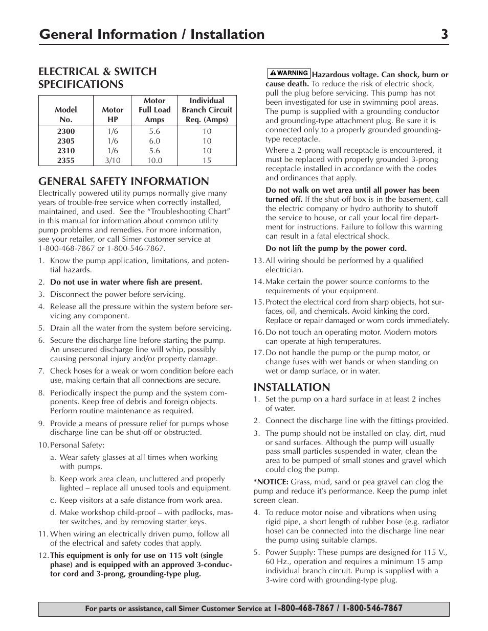 General information / installation 3, Installation | Simer Pumps 2355 User Manual | Page 3 / 15