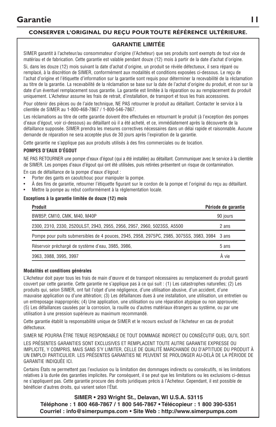 Garantie 11 | Simer Pumps SIMER 3994 User Manual | Page 11 / 16