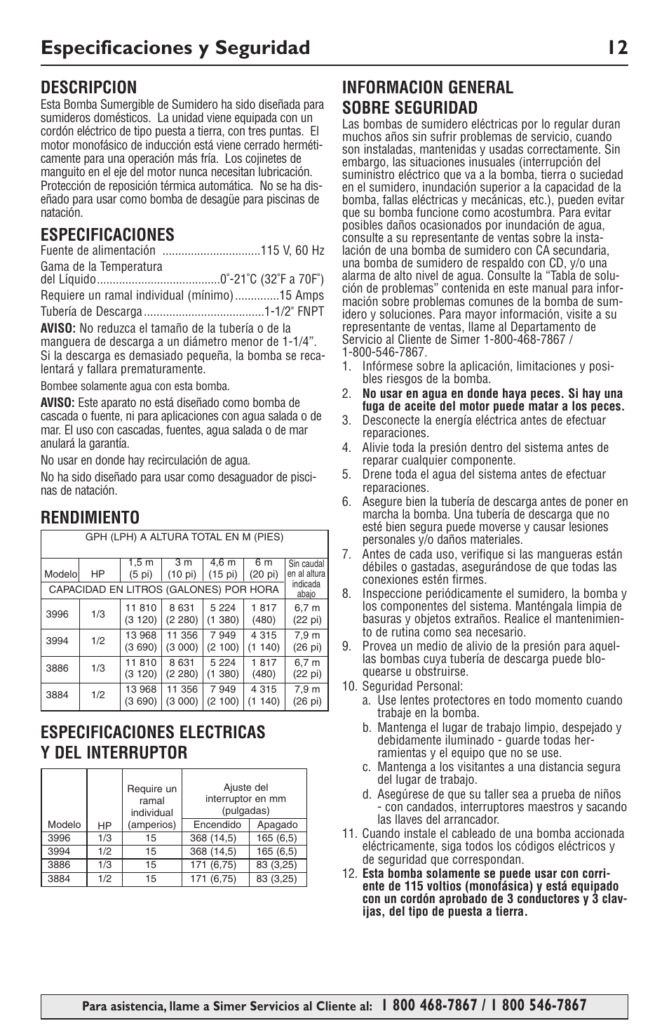 Especificaciones y seguridad 12, Especificaciones | Simer Pumps SIMER 3994 User Manual | Page 12 / 16