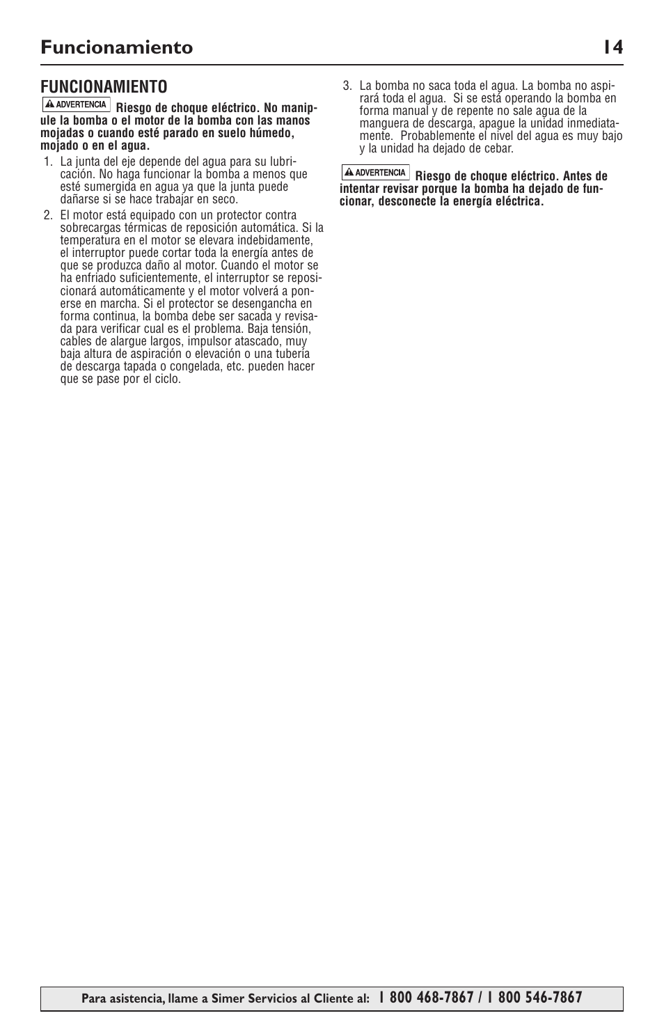 Funcionamiento 14 | Simer Pumps SIMER 3994 User Manual | Page 14 / 16