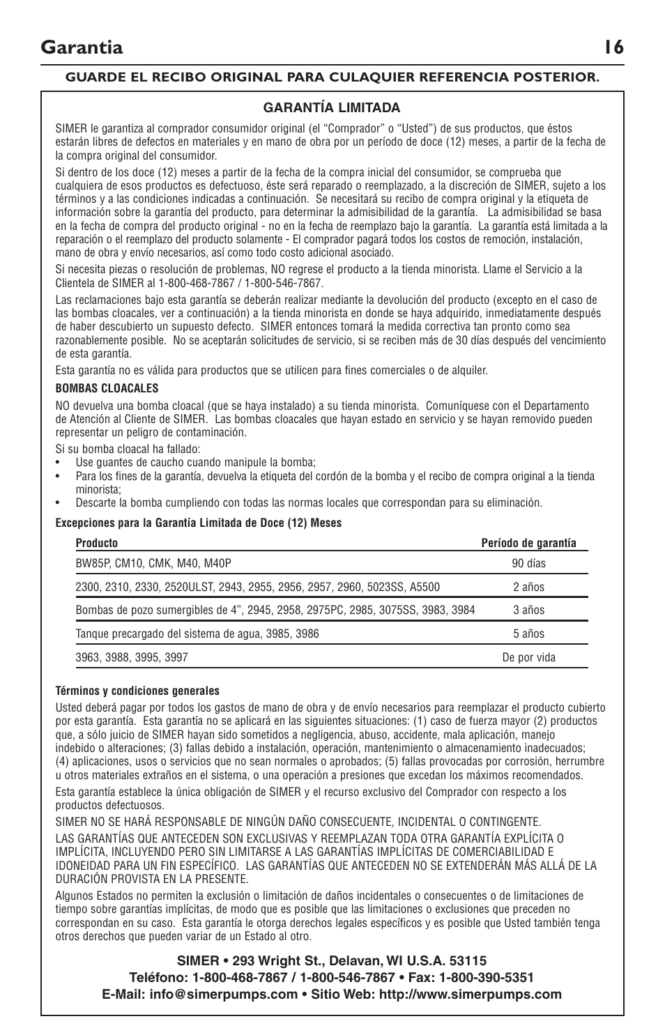 Garantia 16 | Simer Pumps SIMER 3994 User Manual | Page 16 / 16