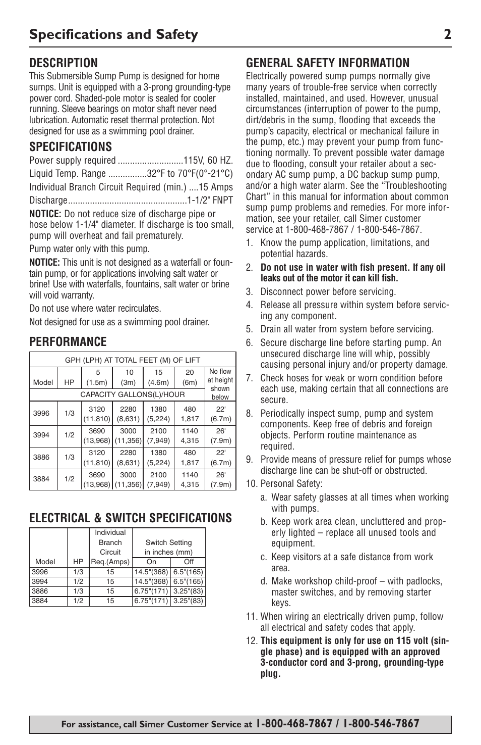 Specifications and safety 2, Description, Specifications | Simer Pumps SIMER 3994 User Manual | Page 2 / 16