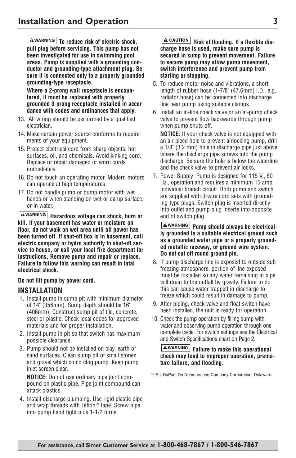 Installation and operation 3, Installation | Simer Pumps SIMER 3994 User Manual | Page 3 / 16