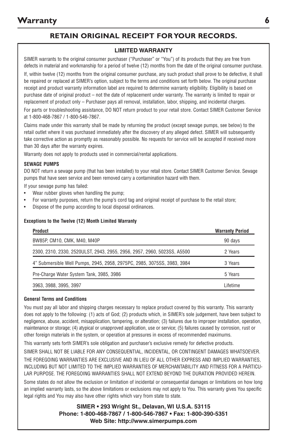 Warranty 6, Retain original receipt for your records | Simer Pumps SIMER 3994 User Manual | Page 6 / 16