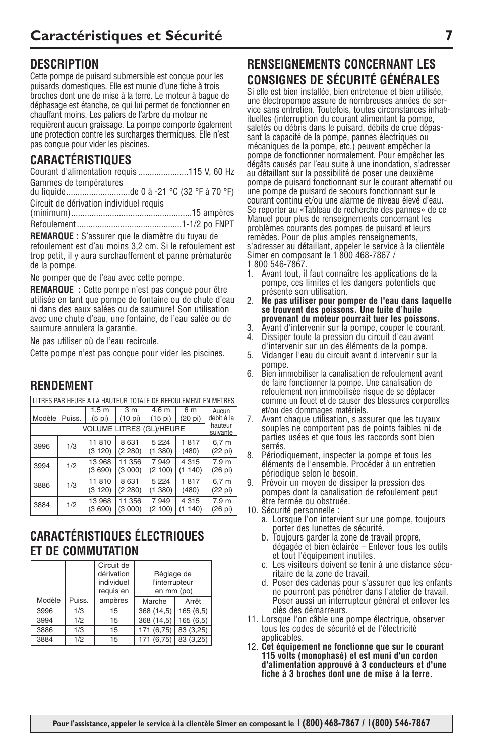 Caractéristiques et sécurité 7, Description, Caractéristiques | Simer Pumps SIMER 3994 User Manual | Page 7 / 16