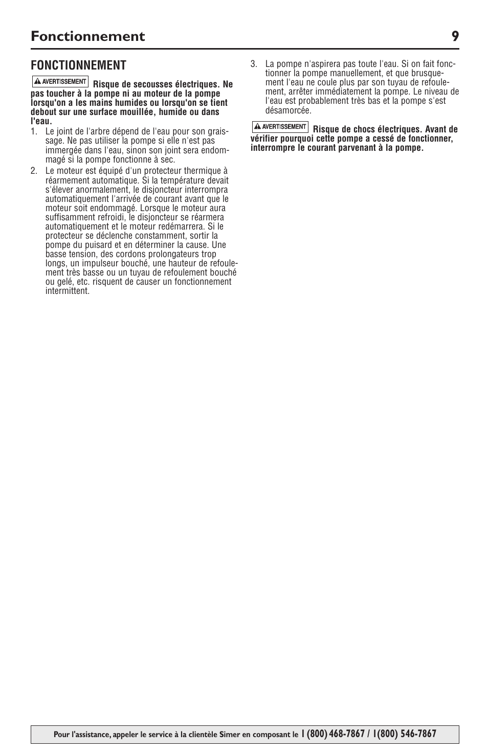 Fonctionnement 9, Fonctionnement | Simer Pumps SIMER 3994 User Manual | Page 9 / 16
