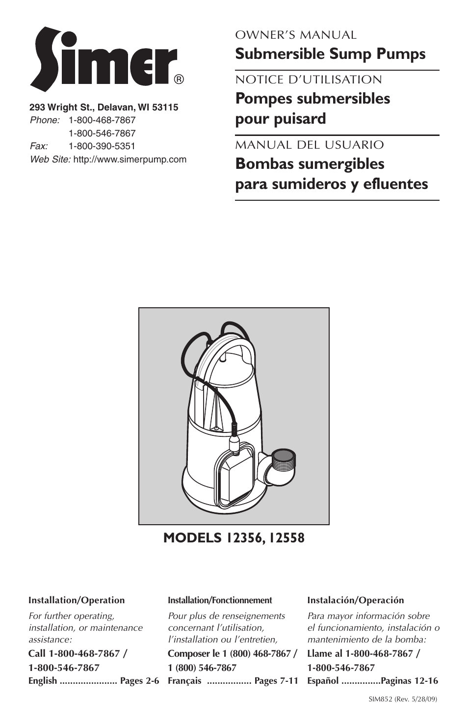 Simer Pumps 12558 User Manual | 16 pages