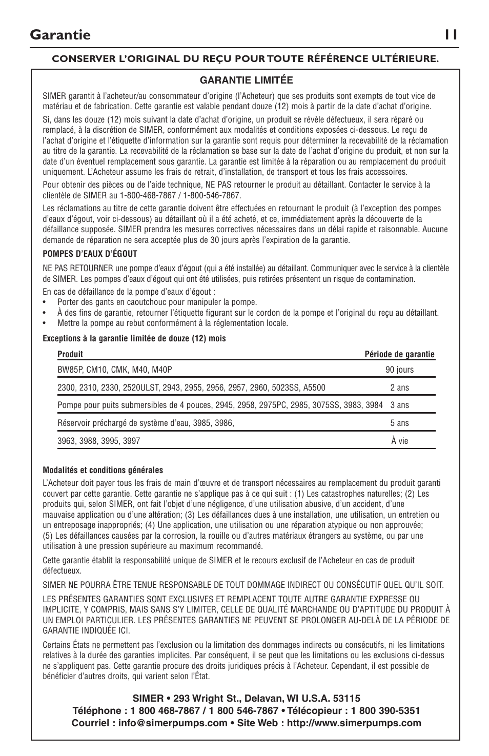 Garantie 11 | Simer Pumps 12558 User Manual | Page 11 / 16