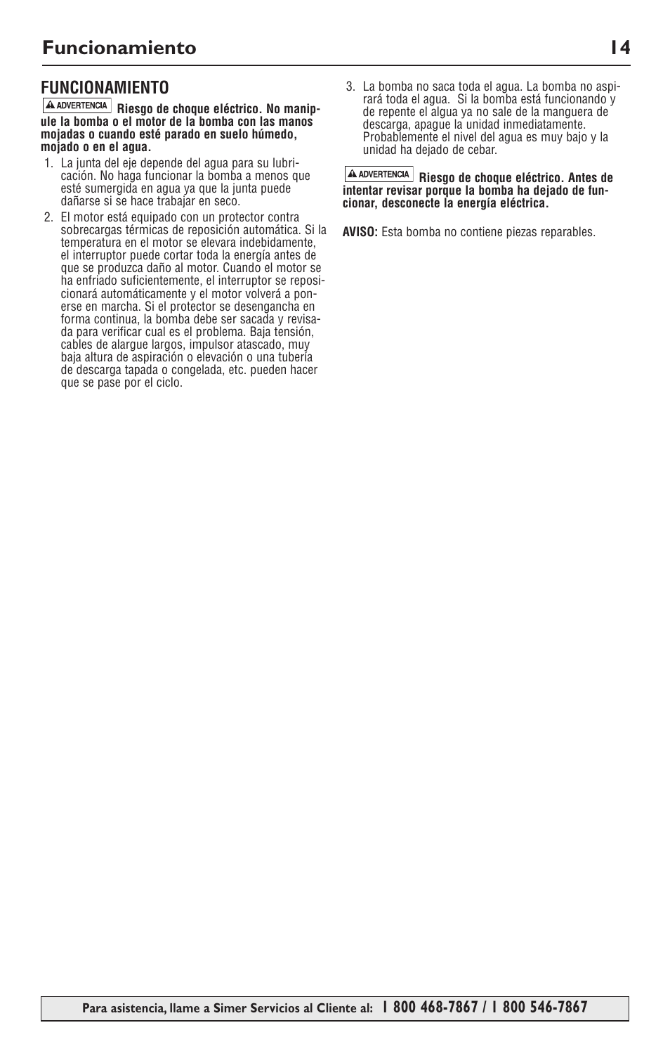 Funcionamiento 14, Funcionamiento | Simer Pumps 12558 User Manual | Page 14 / 16