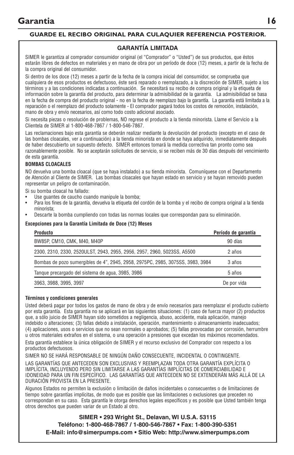 Garantia 16 | Simer Pumps 12558 User Manual | Page 16 / 16
