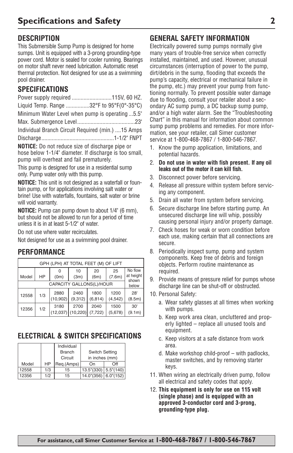 Specifications and safety 2, Description, Specifications | Simer Pumps 12558 User Manual | Page 2 / 16