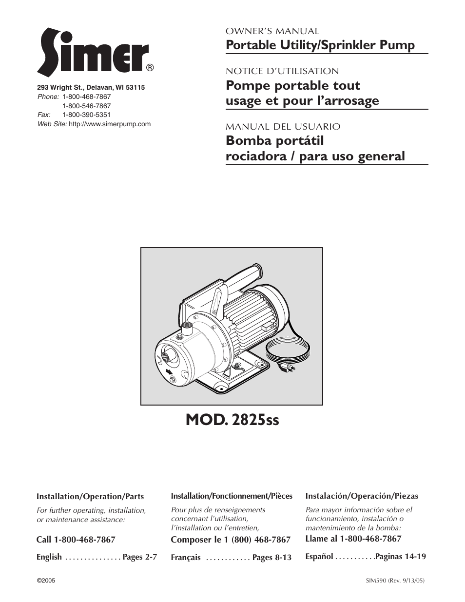 Simer Pumps PORTABLE UTILITY/SPRINKLER PUMP 2825SS User Manual | 20 pages