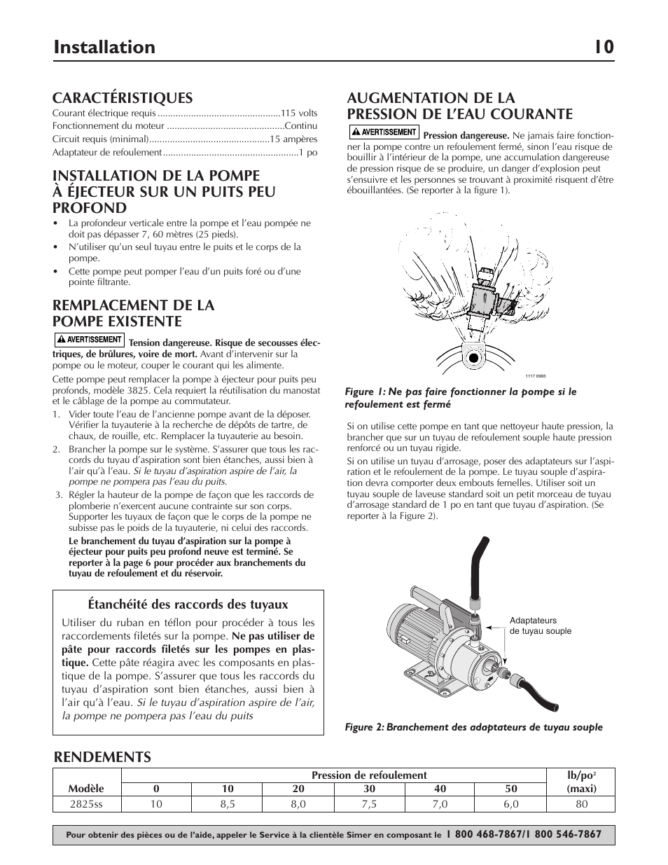 Installation 10, Caractéristiques, Remplacement de la pompe existente | Augmentation de la pression de l’eau courante, Rendements | Simer Pumps PORTABLE UTILITY/SPRINKLER PUMP 2825SS User Manual | Page 10 / 20