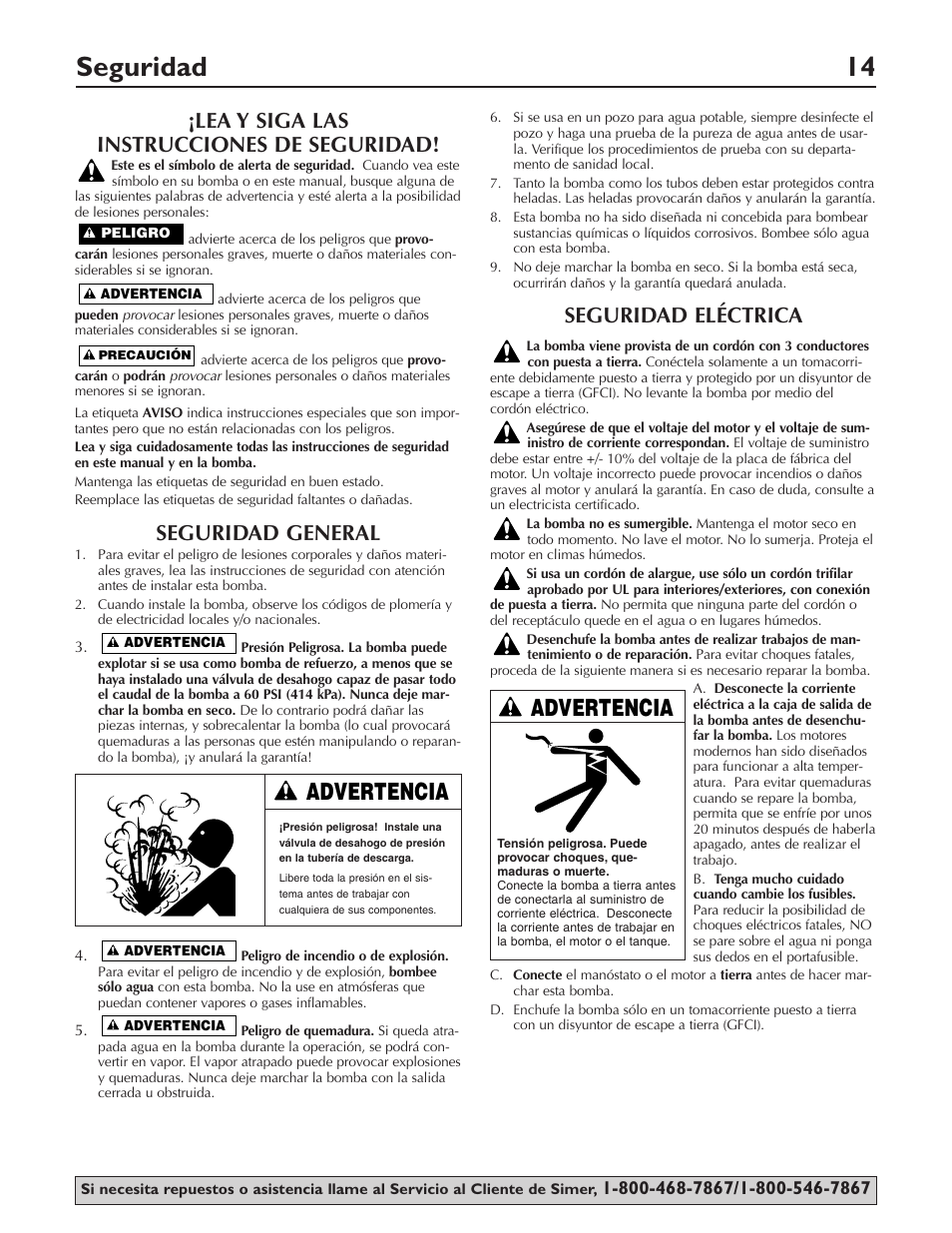 Seguridad 14, Advertencia, Lea y siga las instrucciones de seguridad | Seguridad general, Seguridad eléctrica | Simer Pumps PORTABLE UTILITY/SPRINKLER PUMP 2825SS User Manual | Page 14 / 20