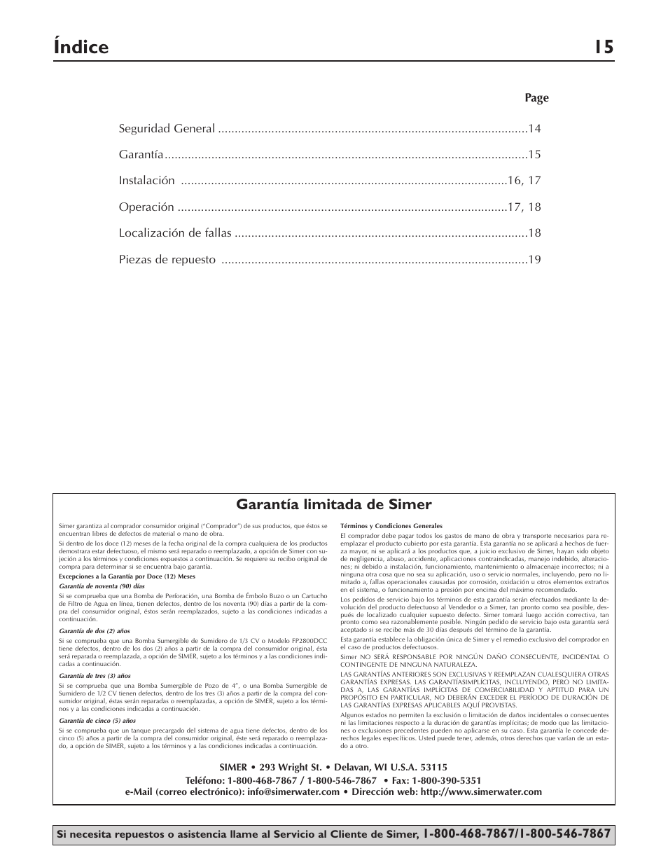 Índice 15, Garantía limitada de simer | Simer Pumps PORTABLE UTILITY/SPRINKLER PUMP 2825SS User Manual | Page 15 / 20