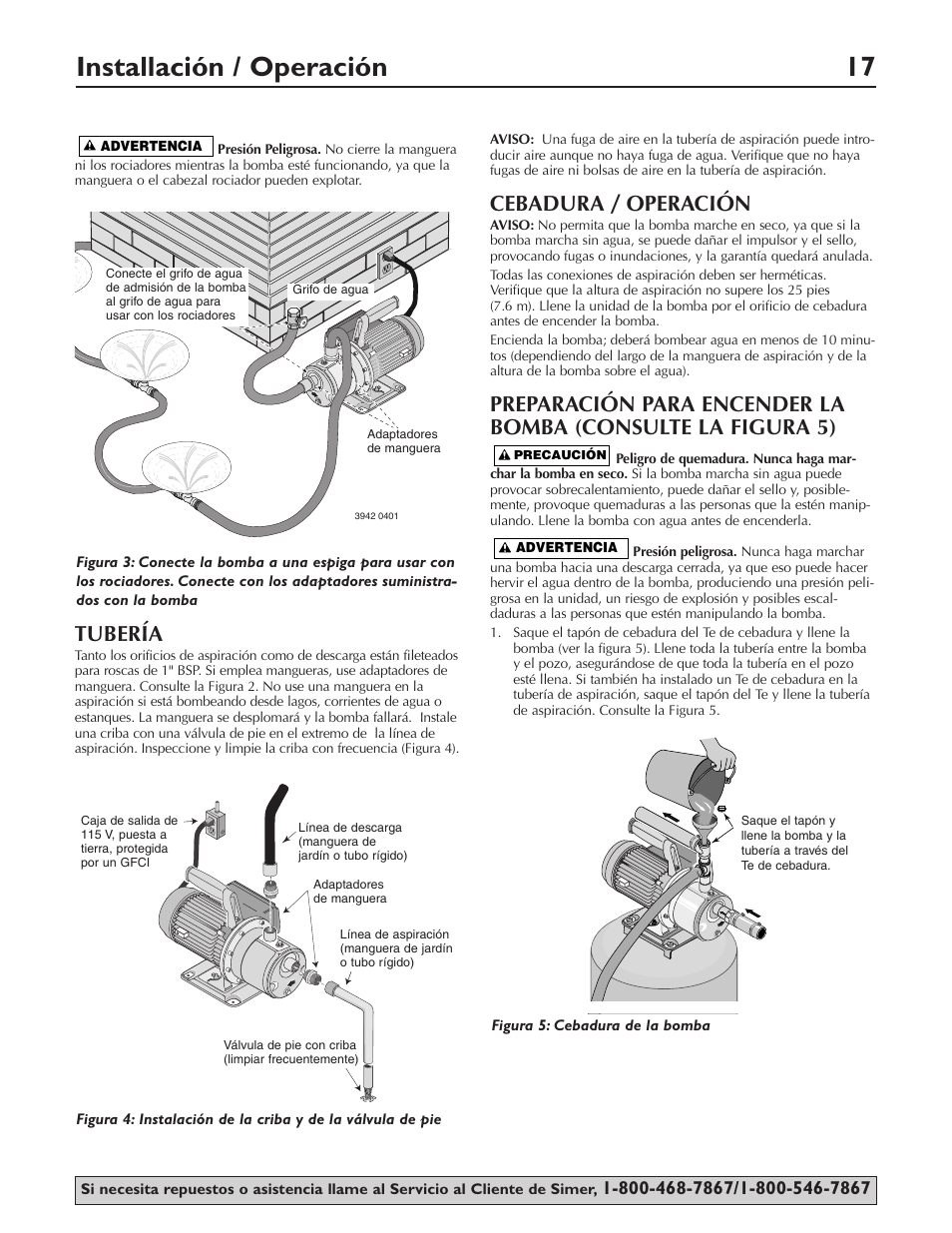 Installación / operación 17, Tubería, Cebadura / operación | Simer Pumps PORTABLE UTILITY/SPRINKLER PUMP 2825SS User Manual | Page 17 / 20