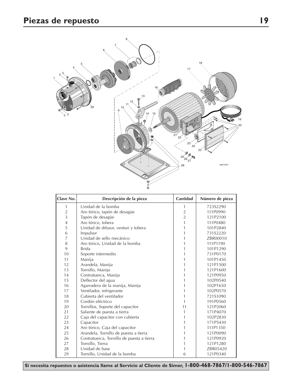 Piezas de repuesto 19 | Simer Pumps PORTABLE UTILITY/SPRINKLER PUMP 2825SS User Manual | Page 19 / 20