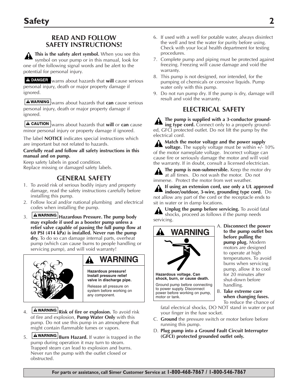 Safety 2, Warning, Read and follow safety instructions | General safety, Electrical safety | Simer Pumps PORTABLE UTILITY/SPRINKLER PUMP 2825SS User Manual | Page 2 / 20