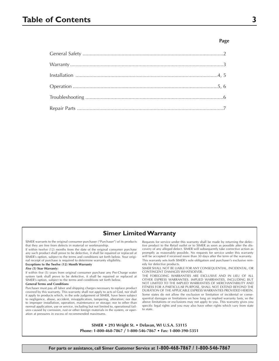 Table of contents 3, Simer limited warranty | Simer Pumps PORTABLE UTILITY/SPRINKLER PUMP 2825SS User Manual | Page 3 / 20