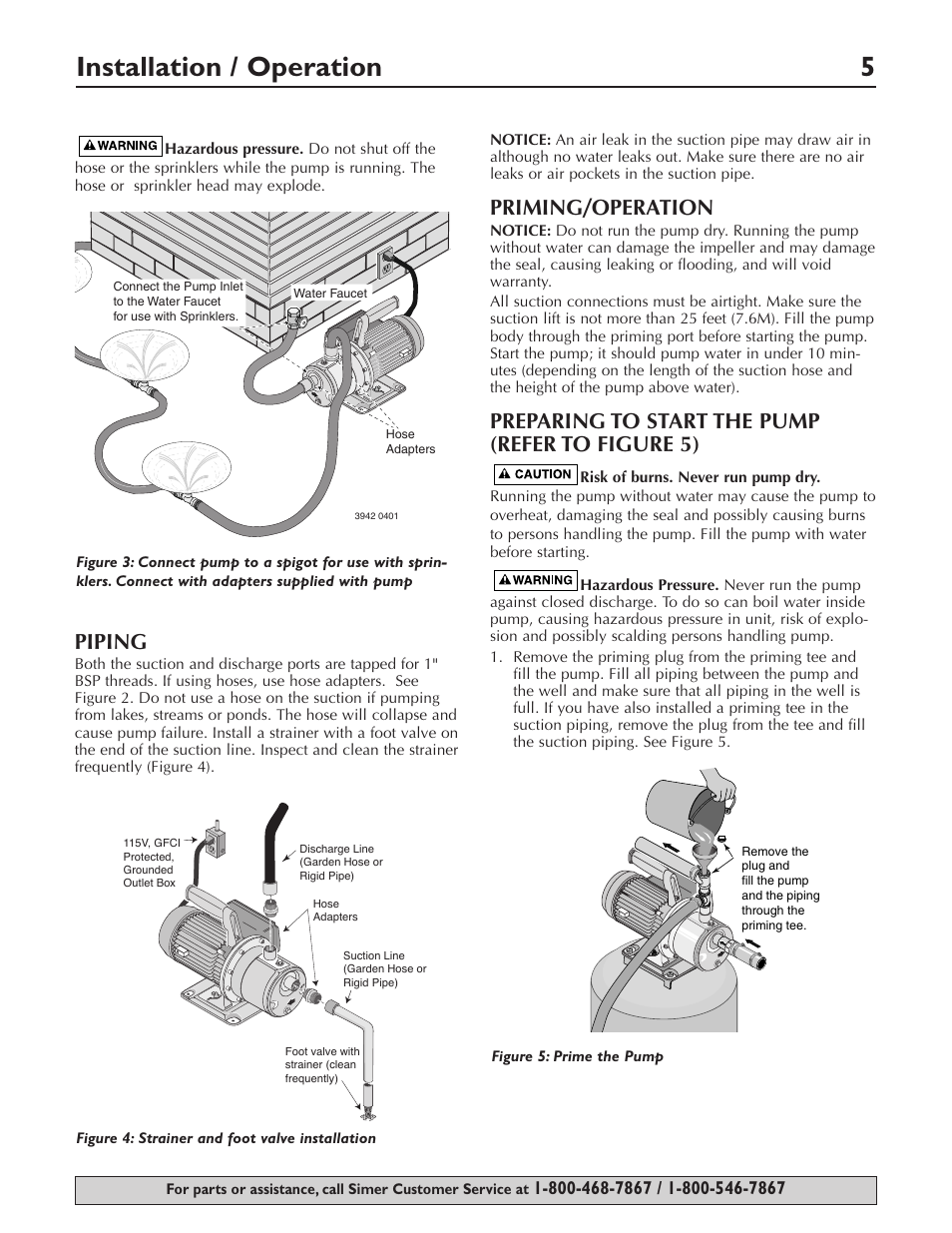 Installation / operation 5, Piping, Priming/operation | Preparing to start the pump (refer to figure 5) | Simer Pumps PORTABLE UTILITY/SPRINKLER PUMP 2825SS User Manual | Page 5 / 20