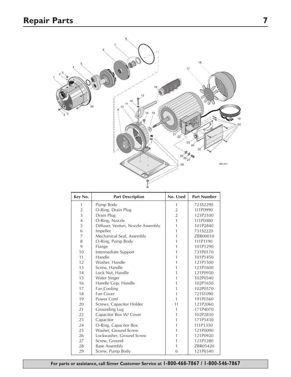 Repair parts 7 | Simer Pumps PORTABLE UTILITY/SPRINKLER PUMP 2825SS User Manual | Page 7 / 20