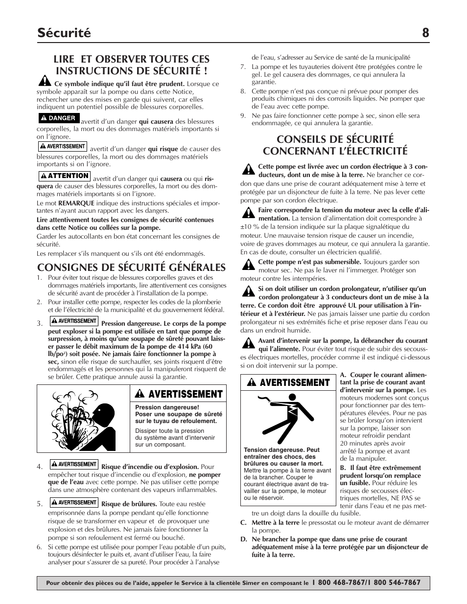 Sécurité 8, Consignes de sécurité générales, Conseils de sécurité concernant l’électricité | Avertissement | Simer Pumps PORTABLE UTILITY/SPRINKLER PUMP 2825SS User Manual | Page 8 / 20