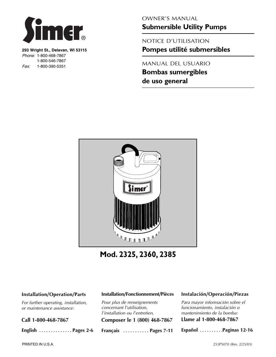 Simer Pumps 2360 User Manual | 16 pages