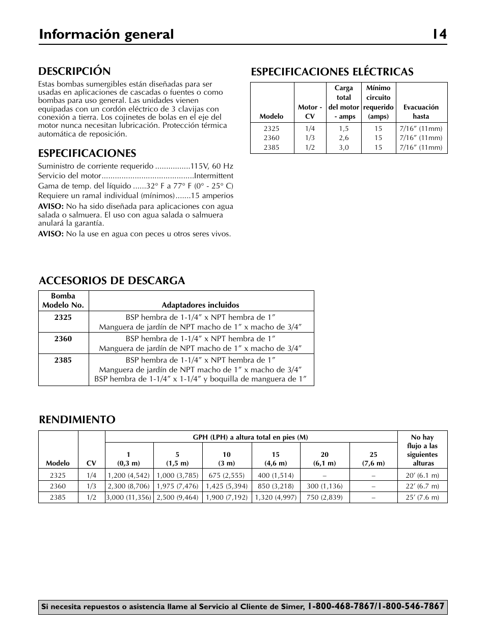 Información general 14, Descripción, Especificaciones | Rendimiento, Accesorios de descarga especificaciones eléctricas | Simer Pumps 2360 User Manual | Page 14 / 16