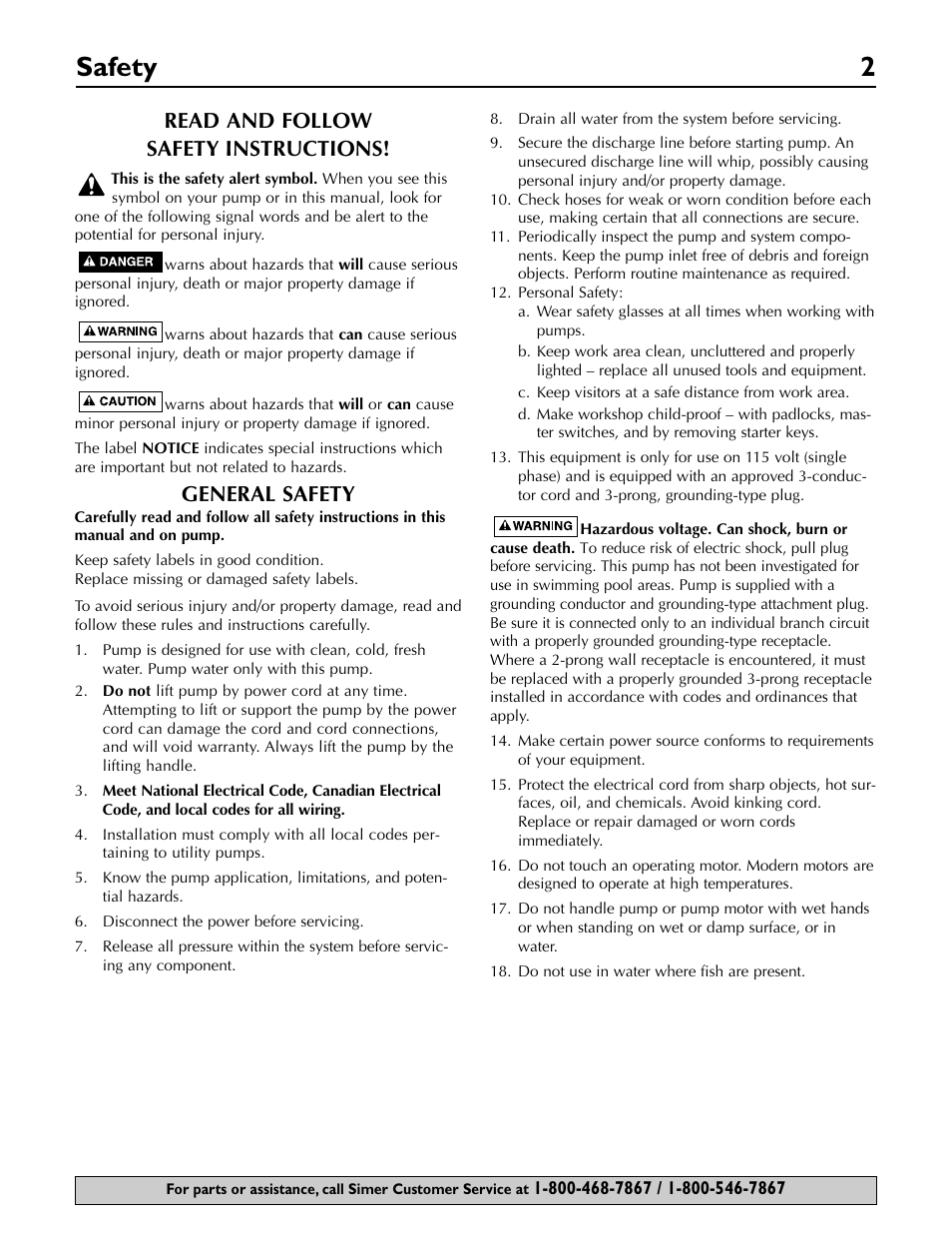 Safety 2, Read and follow safety instructions, General safety | Simer Pumps 2360 User Manual | Page 2 / 16
