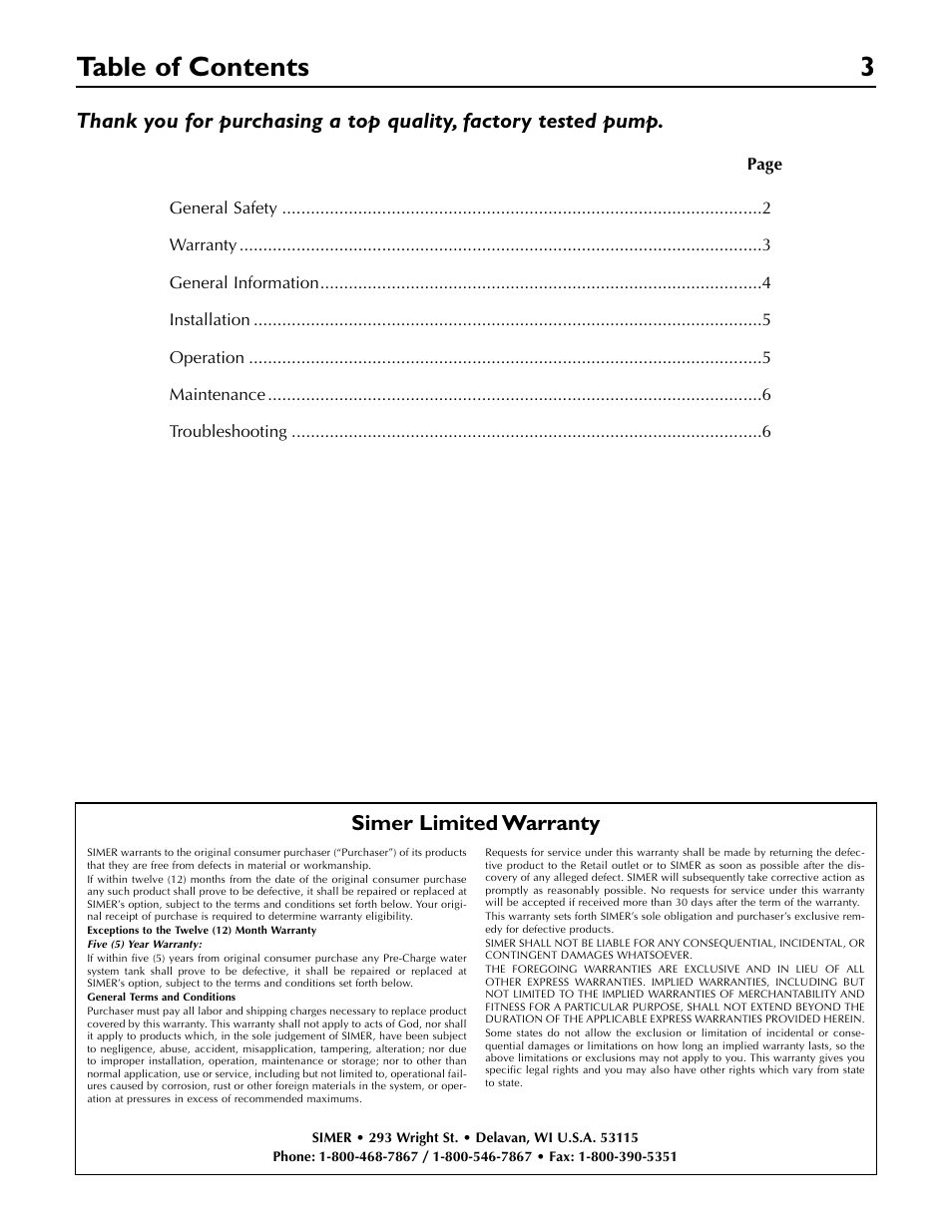 Table of contents 3 | Simer Pumps 2360 User Manual | Page 3 / 16