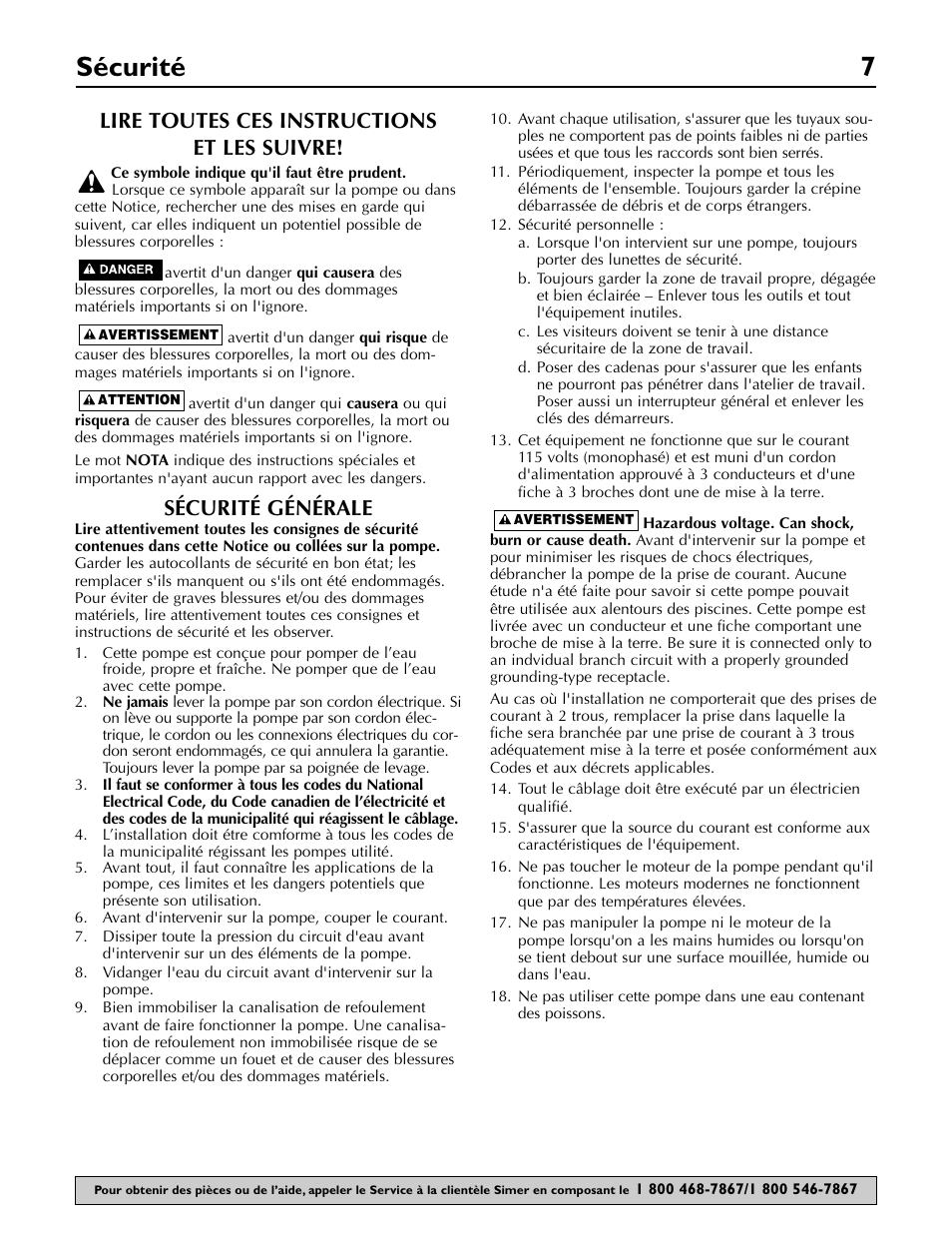 Sécurité 7, Lire toutes ces instructions et les suivre, Sécurité générale | Simer Pumps 2360 User Manual | Page 7 / 16