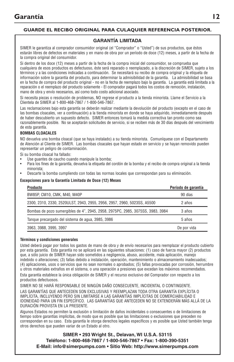 Garantía 12 | Simer Pumps 5020B-04 User Manual | Page 12 / 16