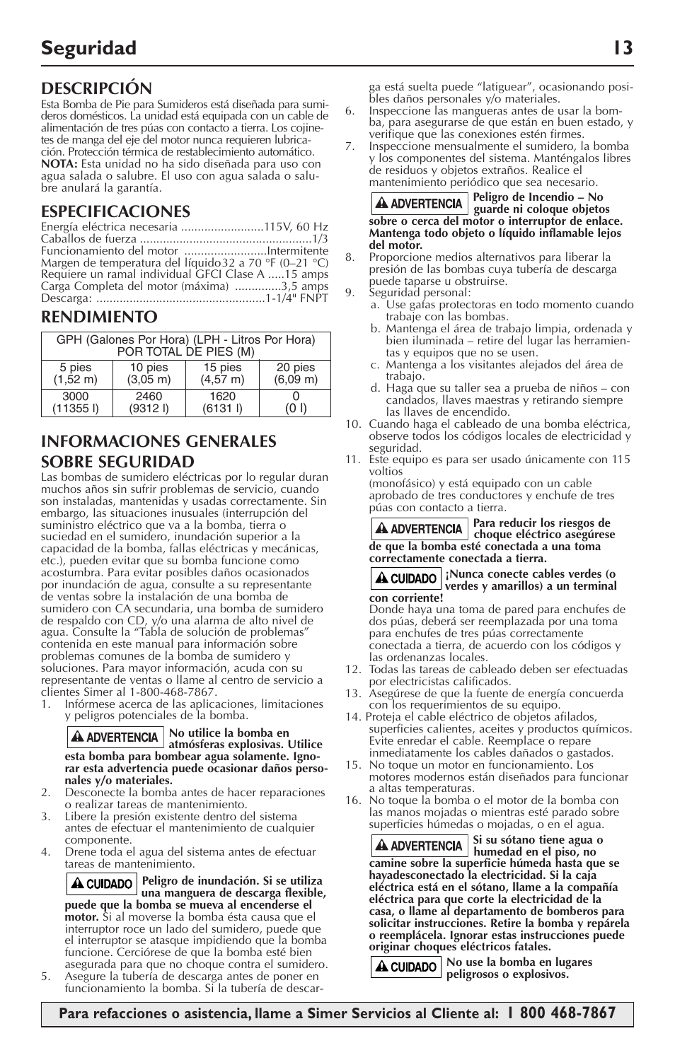 Seguridad 13, Descripción, Especificaciones | Simer Pumps 5020B-04 User Manual | Page 13 / 16