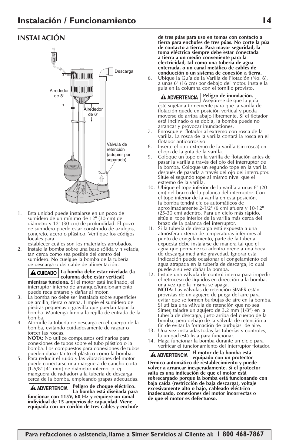 Instalación / funcionamiento 14, Instalación | Simer Pumps 5020B-04 User Manual | Page 14 / 16