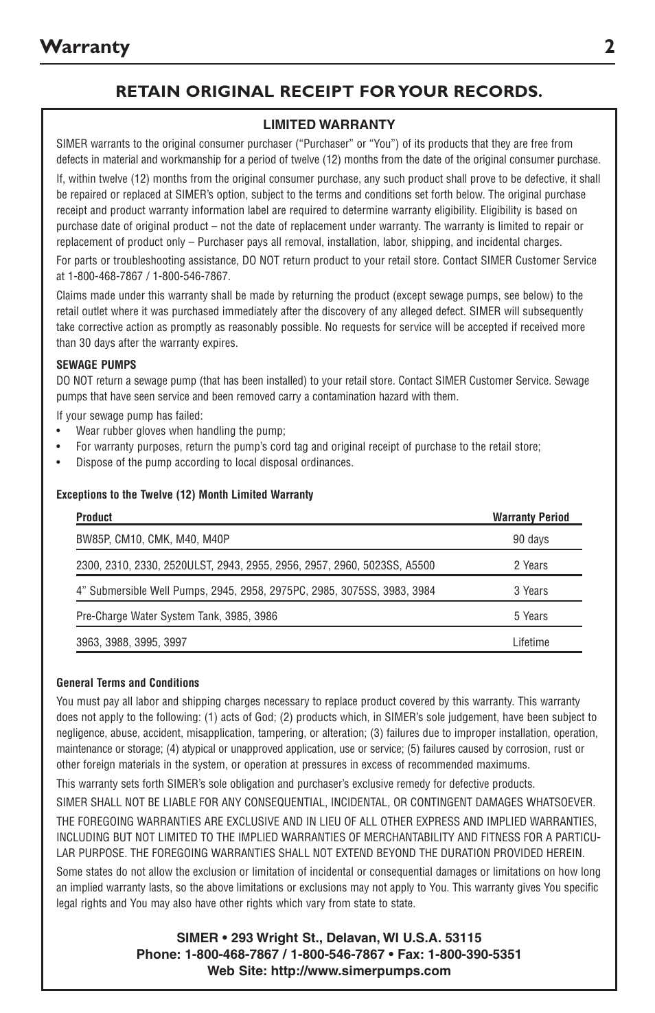 Warranty 2, Retain original receipt for your records | Simer Pumps 5020B-04 User Manual | Page 2 / 16