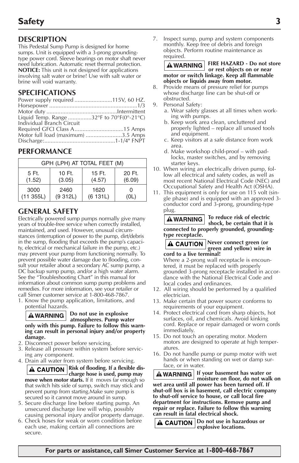Safety 3, Specifications, Performance general safety | Simer Pumps 5020B-04 User Manual | Page 3 / 16