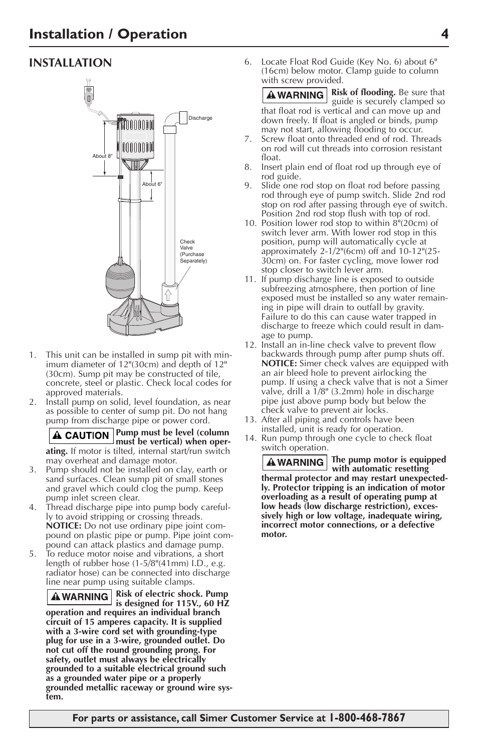 Installation / operation 4 | Simer Pumps 5020B-04 User Manual | Page 4 / 16