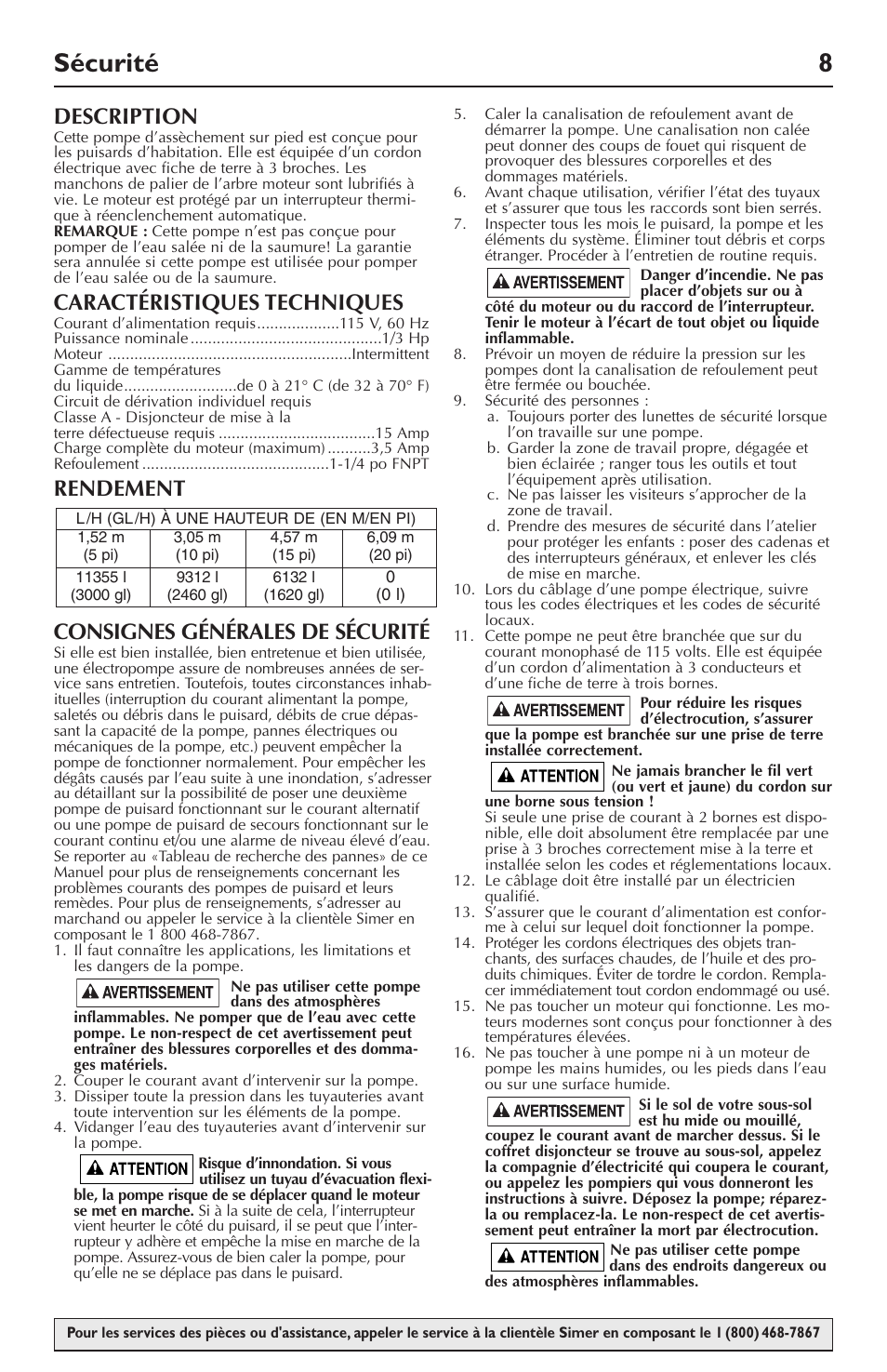 Sécurité 8, Description, Caractéristiques techniques | Rendement consignes générales de sécurité | Simer Pumps 5020B-04 User Manual | Page 8 / 16