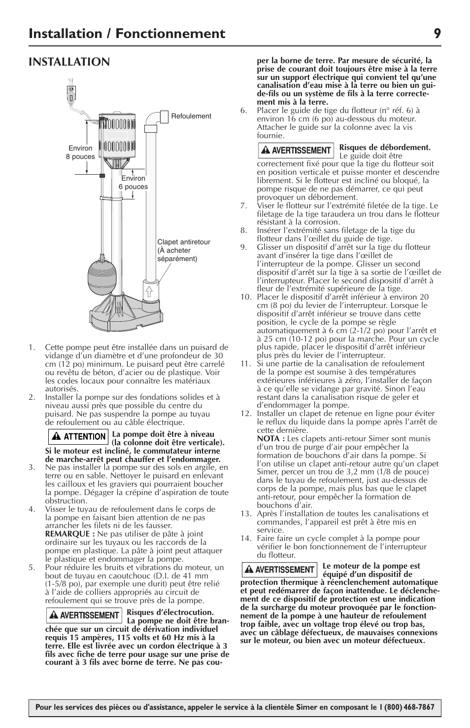 Installation / fonctionnement 9, Installation | Simer Pumps 5020B-04 User Manual | Page 9 / 16