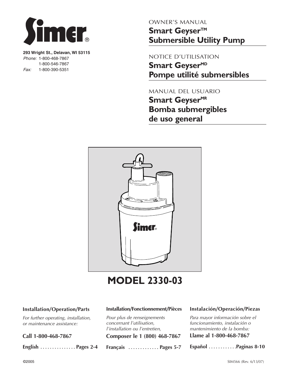 Simer Pumps SMART GEYSER 2330-03 User Manual | 12 pages