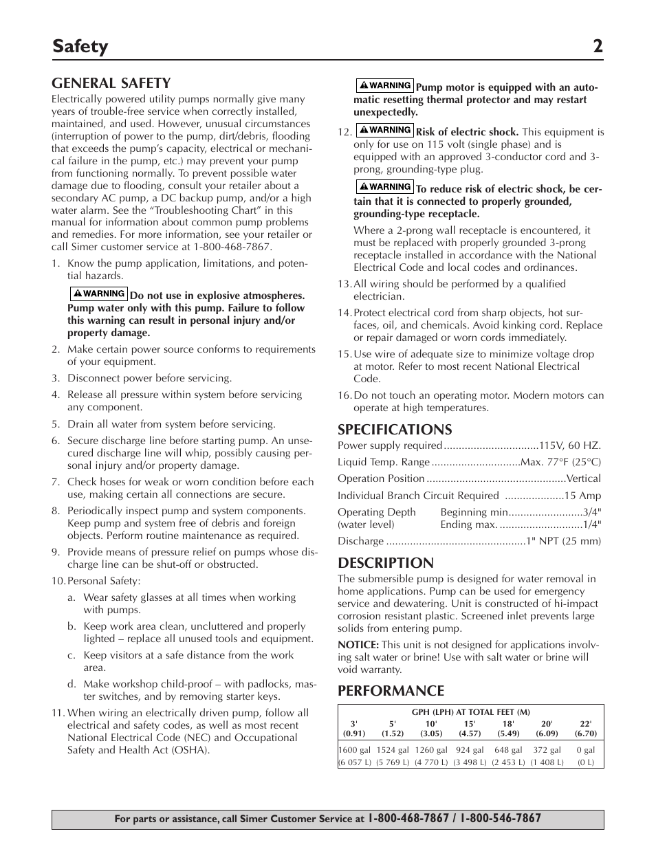 Safety 2, General safety, Specifications | Description, Performance | Simer Pumps SMART GEYSER 2330-03 User Manual | Page 2 / 12