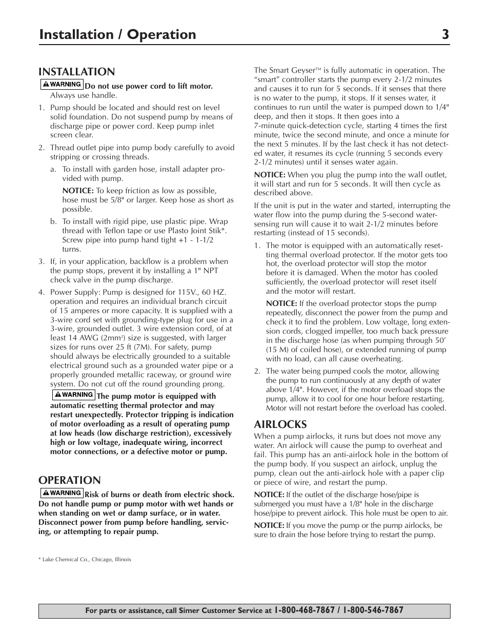 Installation / operation 3, Installation, Operation | Airlocks | Simer Pumps SMART GEYSER 2330-03 User Manual | Page 3 / 12