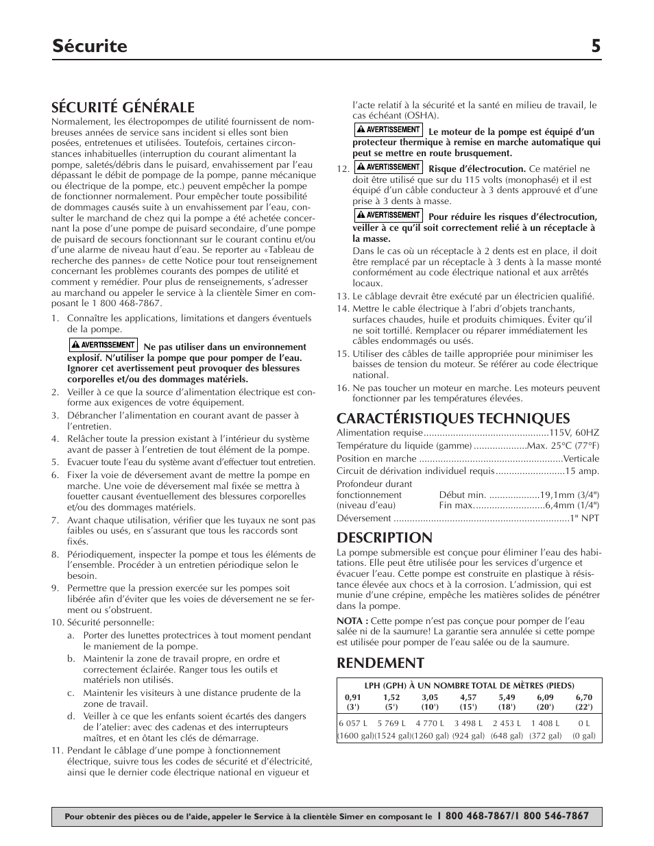 Sécurite 5, Sécurité générale, Caractéristiques techniques | Description, Rendement | Simer Pumps SMART GEYSER 2330-03 User Manual | Page 5 / 12