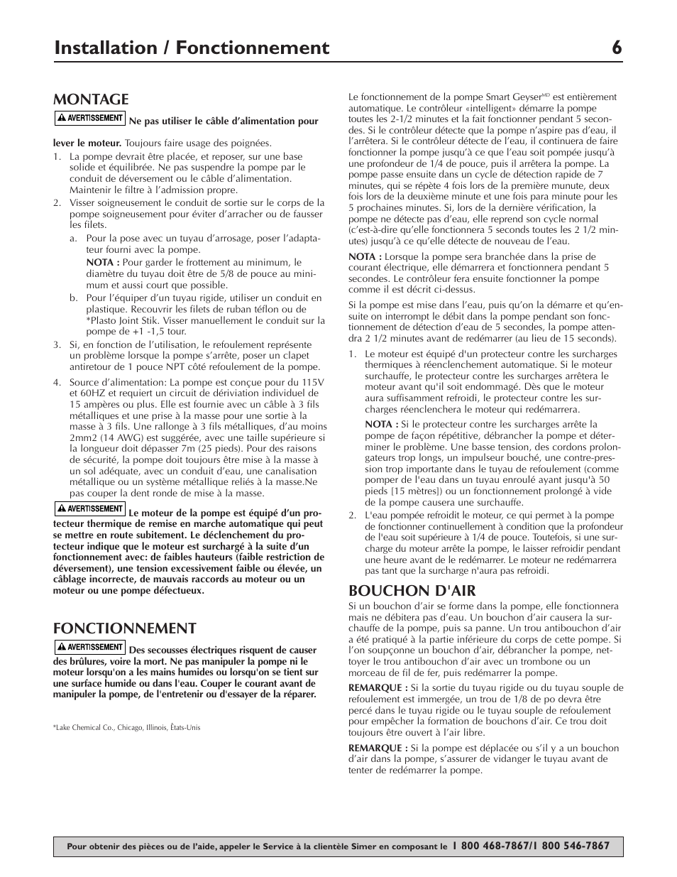 Installation / fonctionnement 6, Montage, Fonctionnement | Bouchon d'air | Simer Pumps SMART GEYSER 2330-03 User Manual | Page 6 / 12